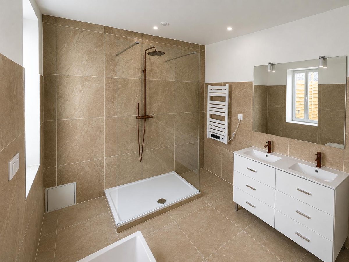 La salle de bains terminée : douche à l’italienne, meuble double vasque et sèche-serviettes
